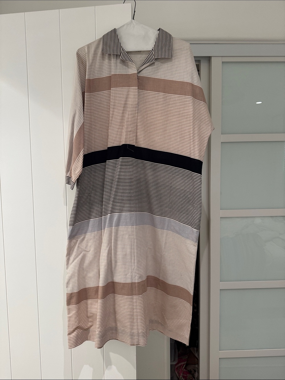 Vintage Striped Midi Shirt Dress in Beige, Black & Cream
